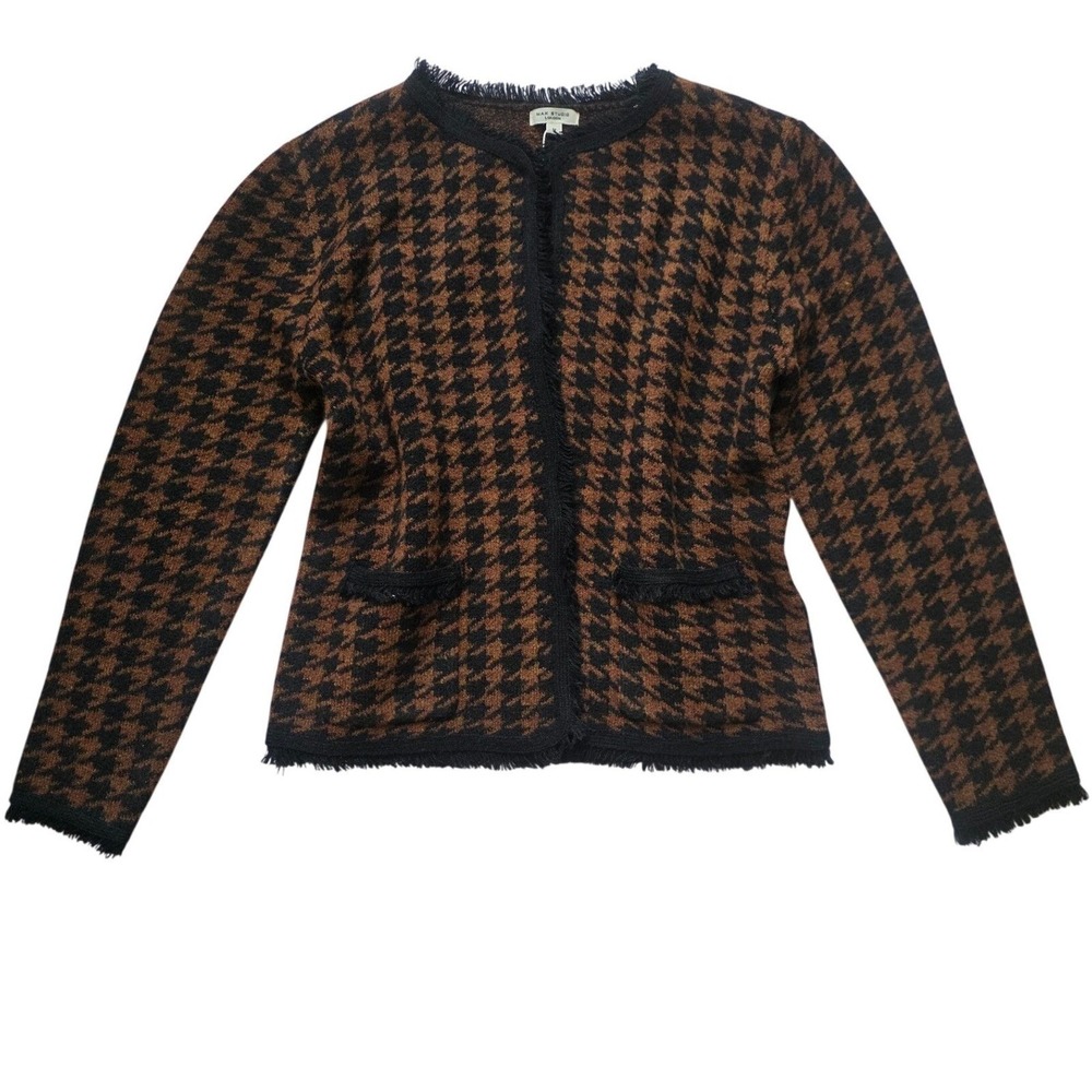 Max Studio London Brown Black Houndstooth Fringe Open Front Cardigan Jacket M